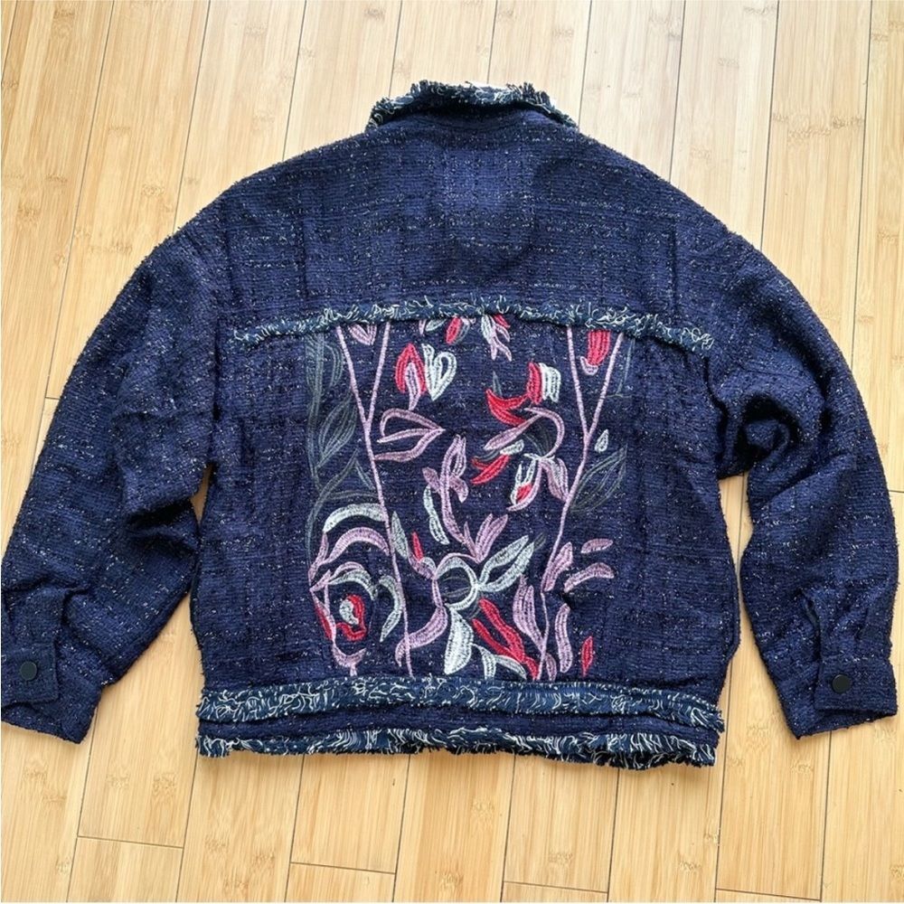 NWT Foxiedox Embroidered Takeo Tweed Frayed Boho Blue Jacket Anthropologie - Picture 2 of 8